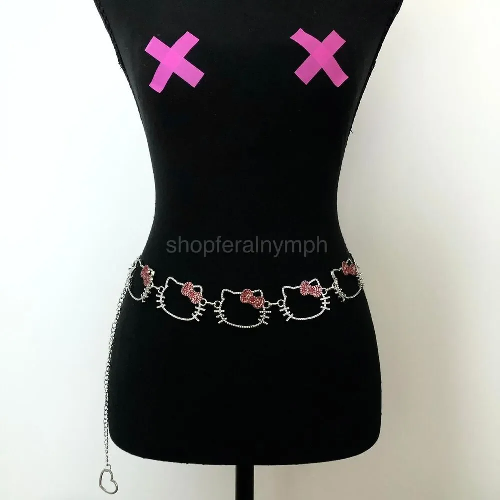Y2K Kawaii Rhinestone Hello Kitty Chain Belt, Fits 13–37.5 Inches, X7GA1219